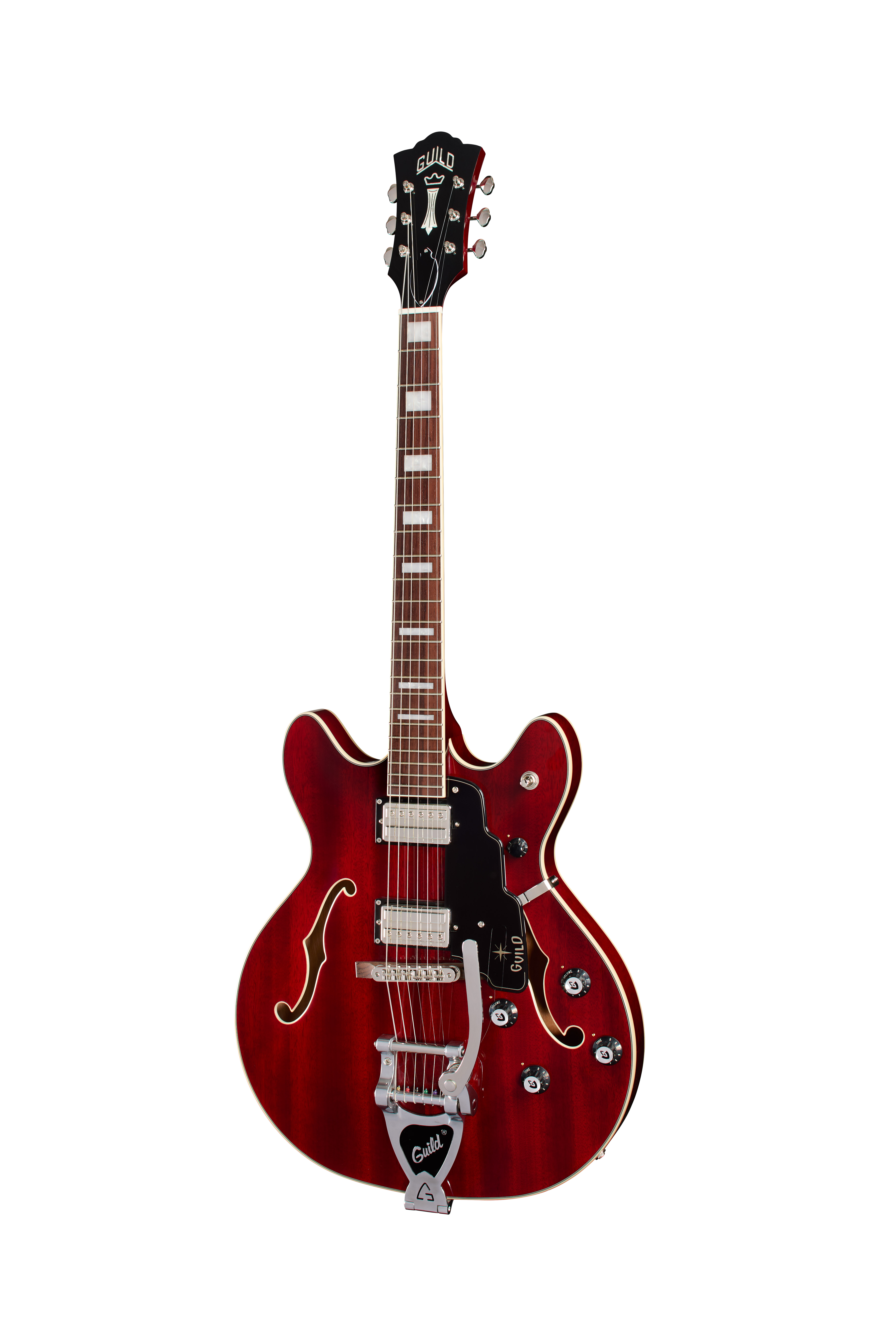 elektrische Gitarre, Hollowbody-Gitarre, roter Korpus, Doppelspulen-Tonabnehmer, Tremolo-System