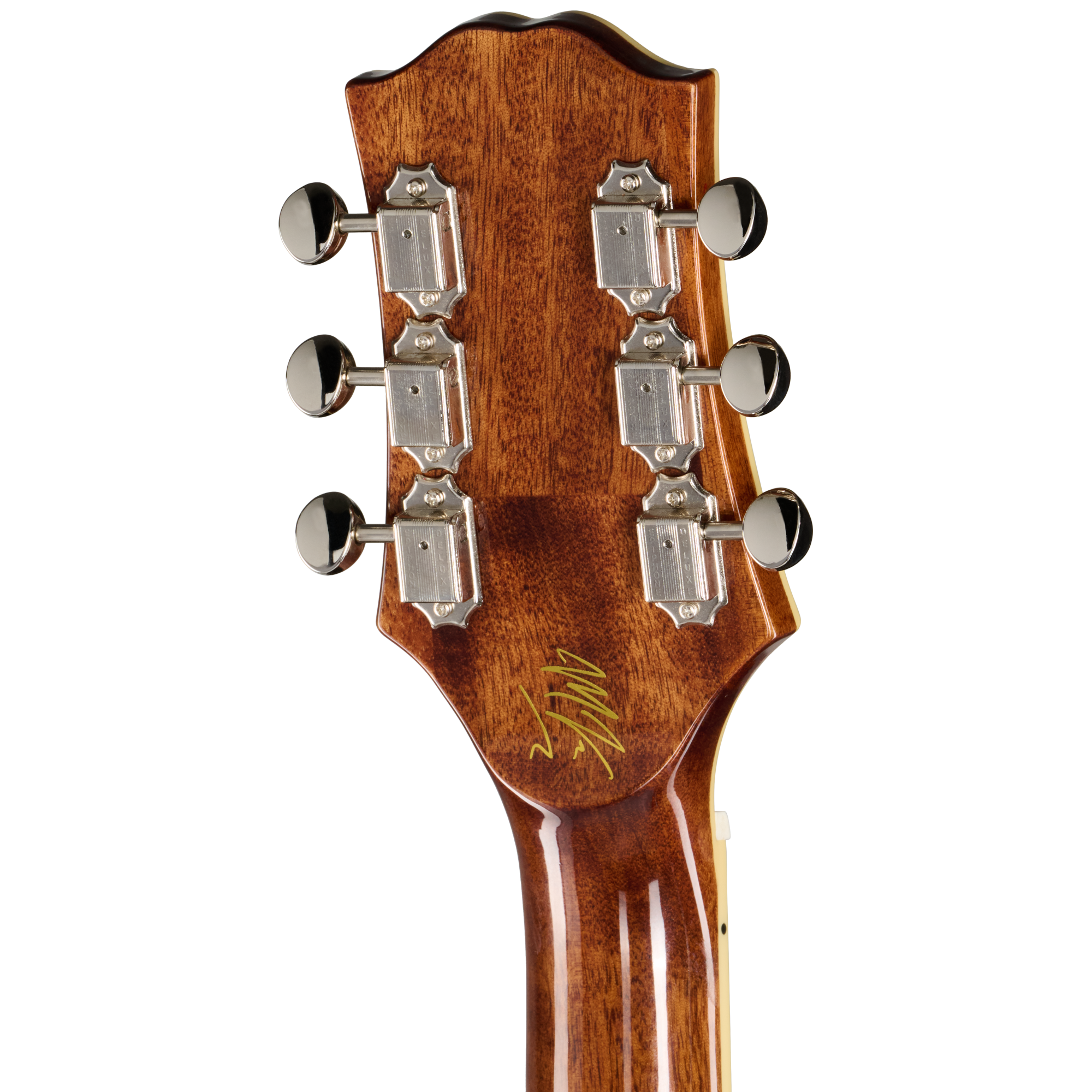 Gitarrenkopf, Holzmaserung, Braunes Holz, Sechs Mechaniken, Chrom-Hardware